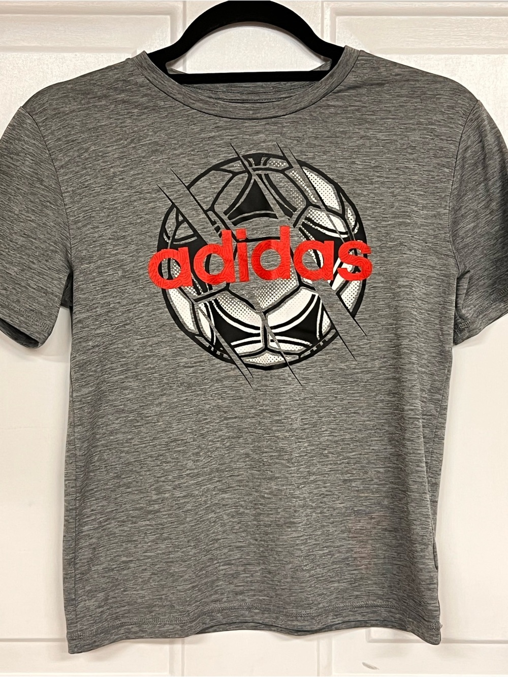 adidas Gray Tee with Red Logo and Soccer Graphic